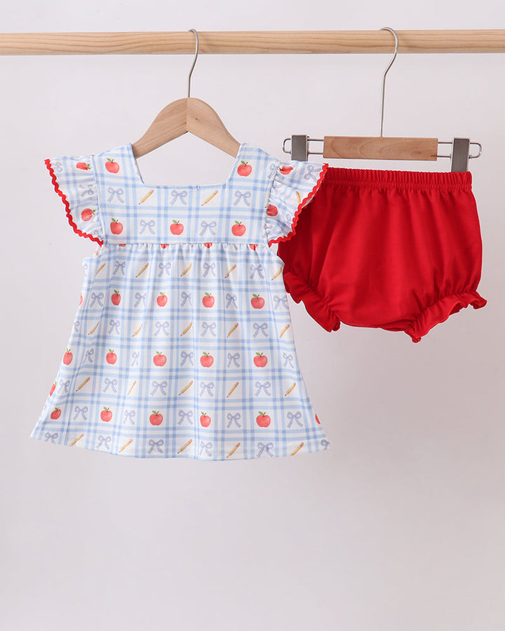 Apple print blue gingham top with red bloomer shorts set