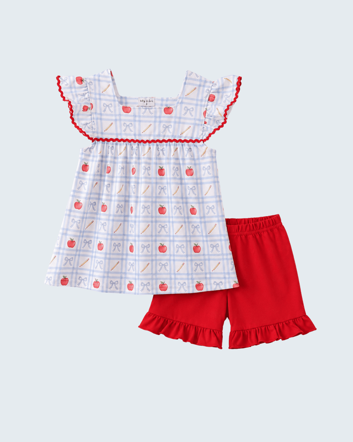 Red Apple Print Girls Shorts Set