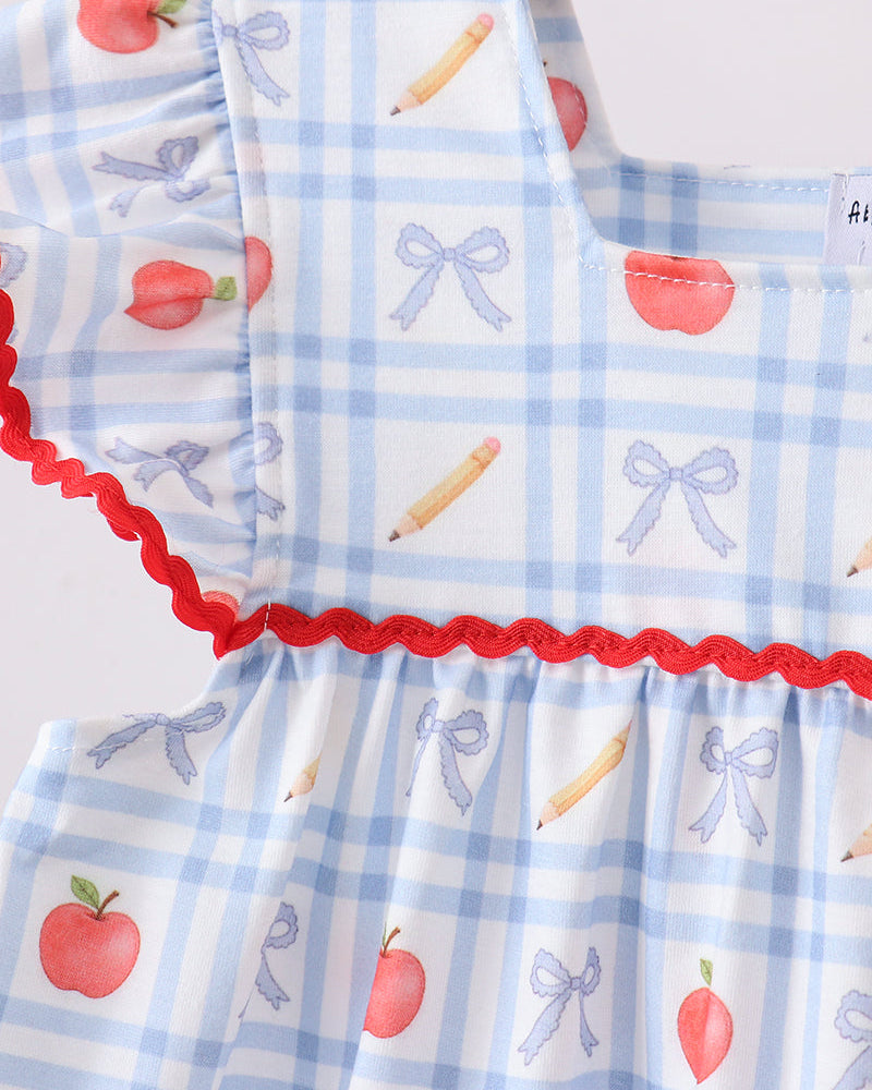 Girls light blue apple bow print dress front with red scalloped ruffle trim