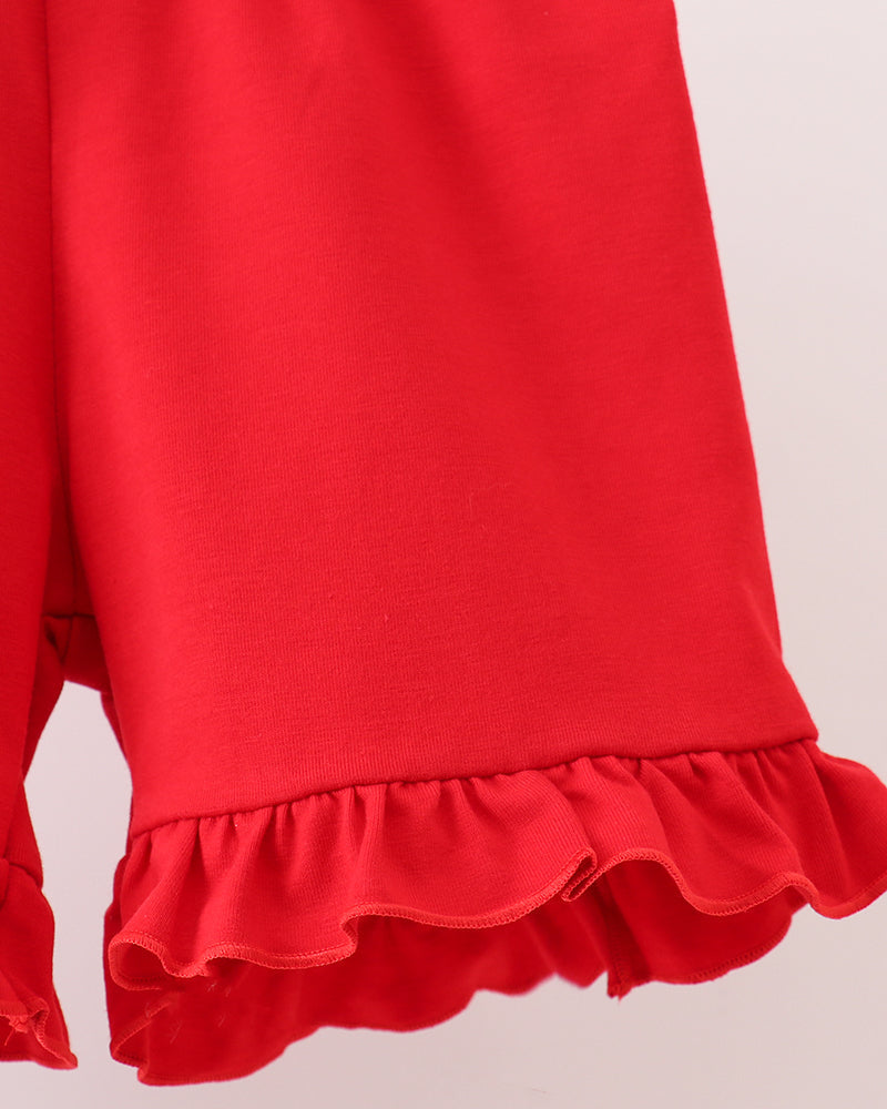 Girls red knit shorts with elastic waist and layered ruffled hem