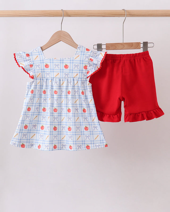 Girls apple print short-sleeve dress and red shorts set, light blue top with ruffle trim