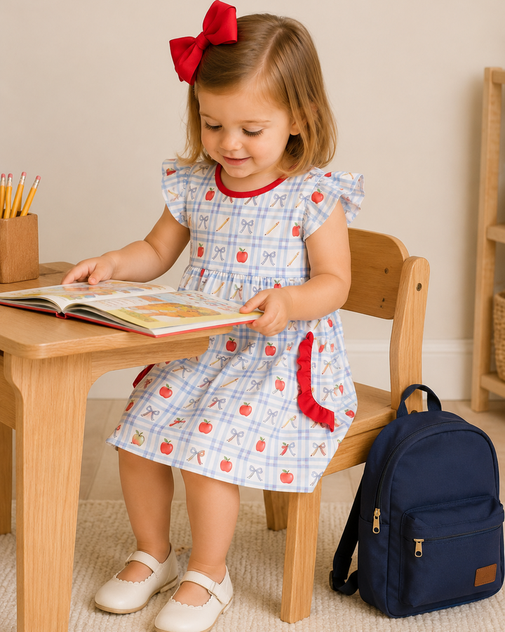 A toddler girl sits on a wooden chair at a small wooden table, reading an open book. She is wearing a light blue and white plaid dress with red trim and red bow, white shoes, and has a navy blue backpack beside her on a beige carpeted floor.