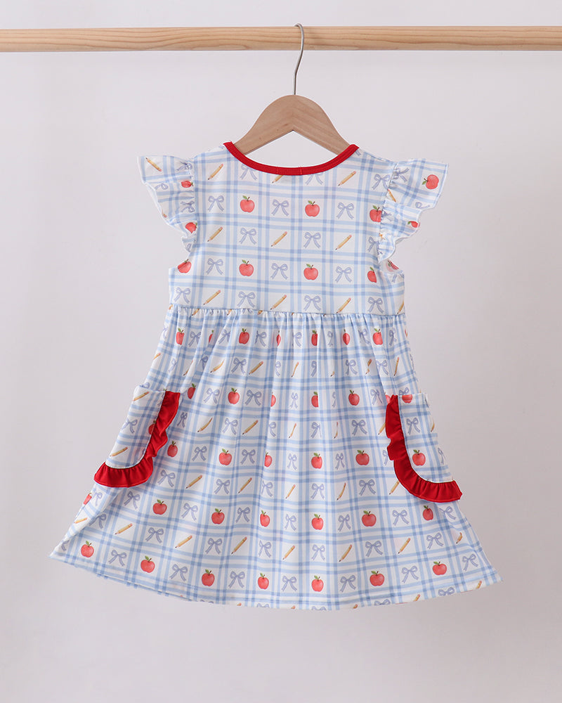 Blue gingham ruffle dress with apple print and red pocket accents, short sleeves