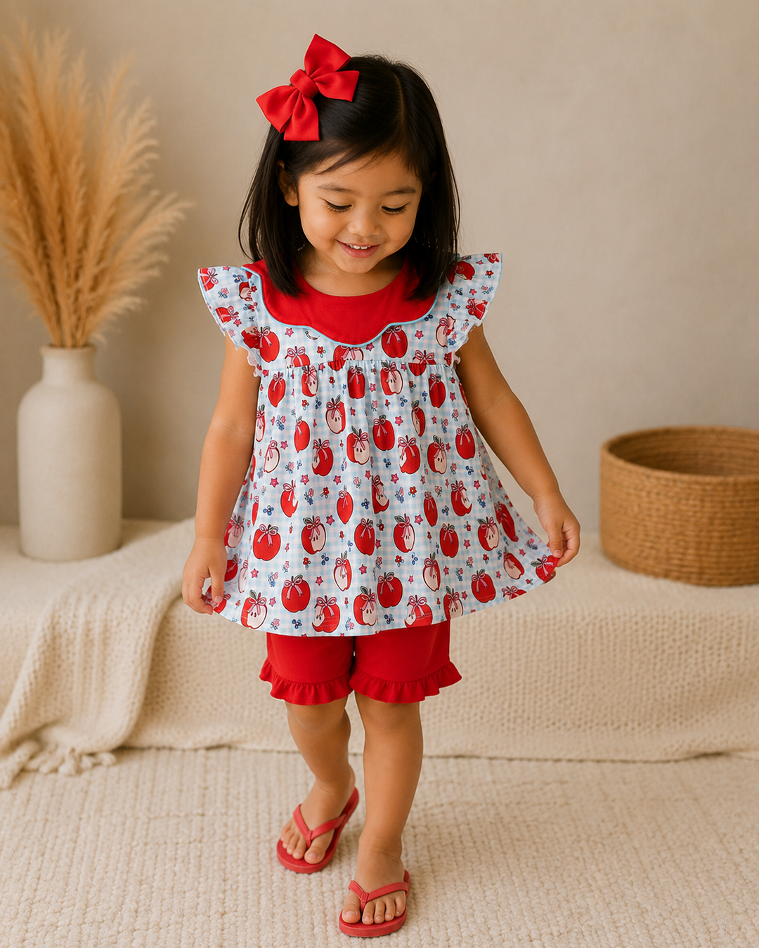 Girls apple-print sleeveless tunic with red trim bow, worn with red shorts