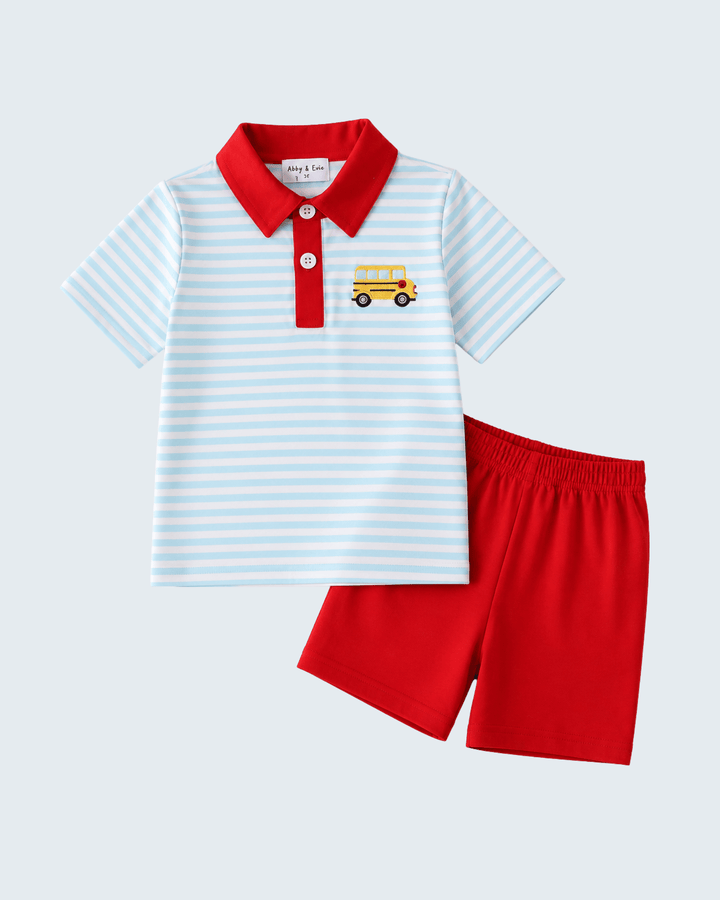Kids striped polo and red shorts set, red collar with bus embroidery on chest
