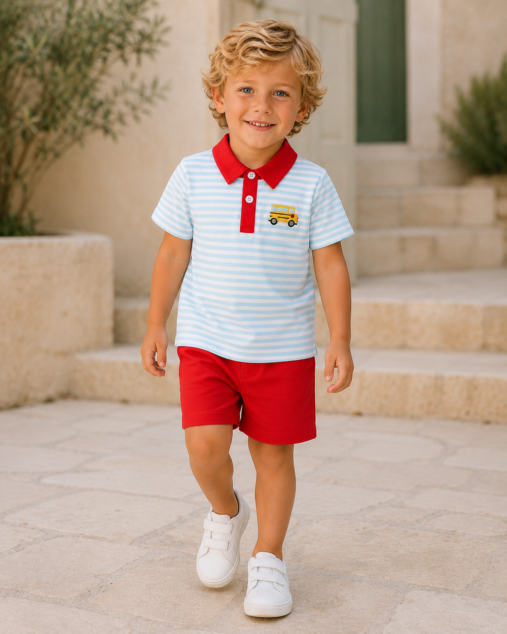Children's striped polo shirt with red collar and embroidered bus, paired with red shorts