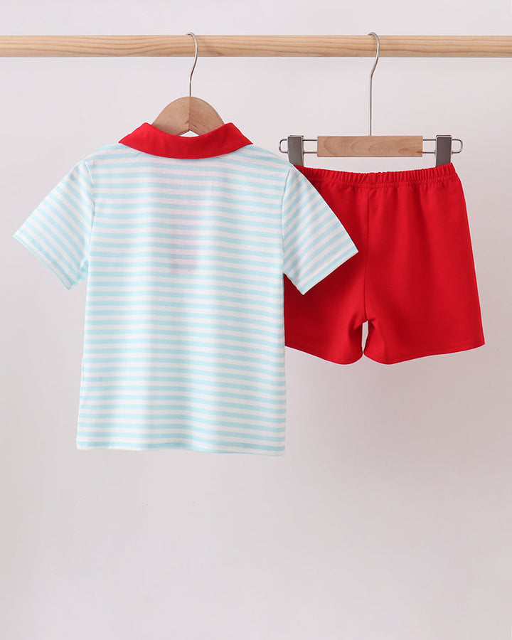 Kids shirt and shorts set: blue/white striped polo with red collar, red shorts