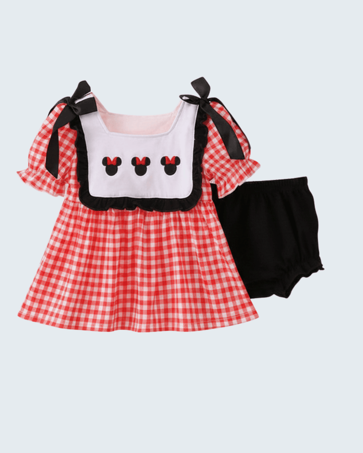 Red Character Plaid Embroidered Bloomer Set on light grey background