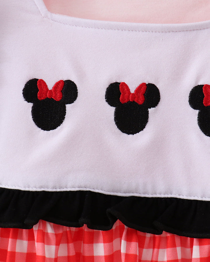 Character embroidery on white and red plaid dress