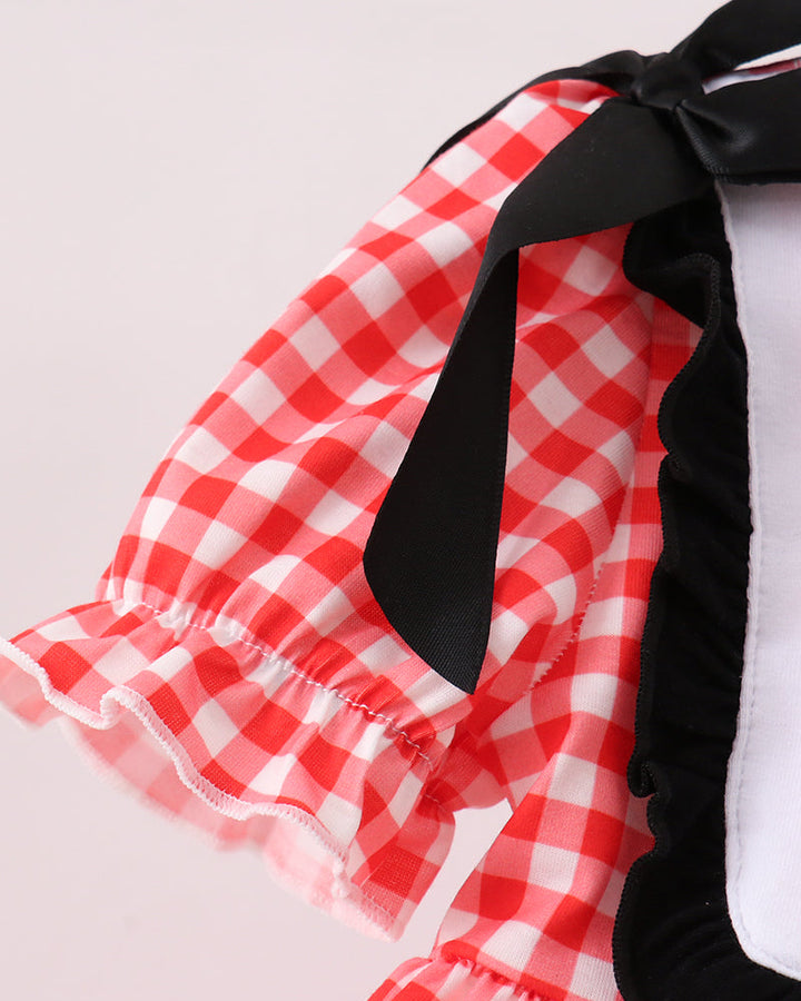 Red plaid puff sleeve with black bow