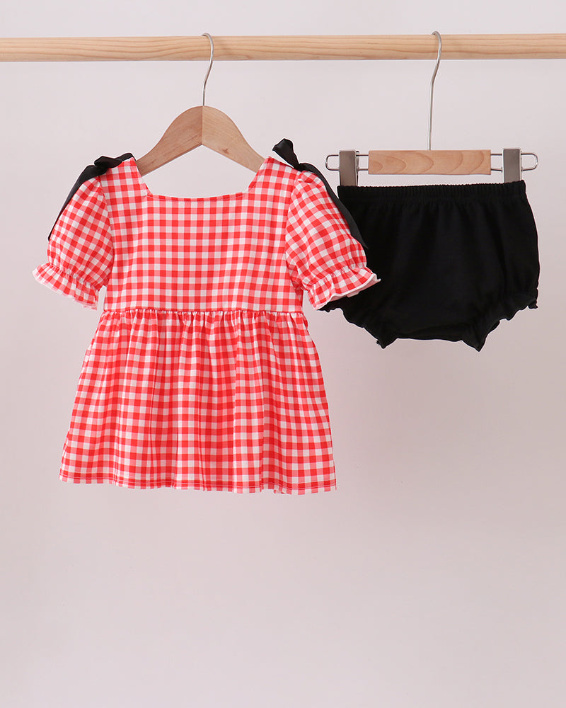 Red Character Plaid Embroidered Bloomer Set on wooden hanger
