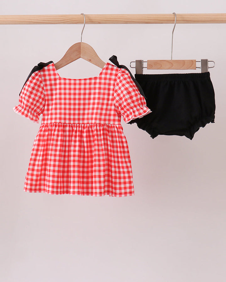 Red Character Plaid Embroidered Bloomer Set on wooden hanger