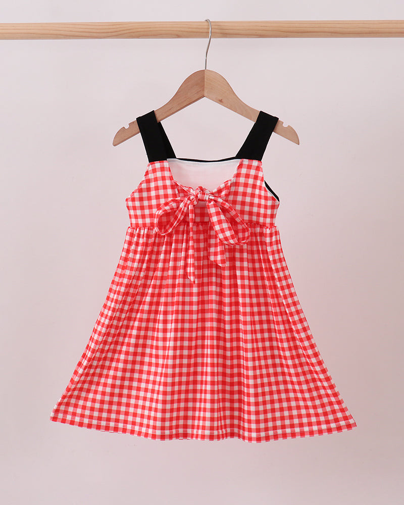 Red Character Plaid Embroidered Dress on wooden hanger