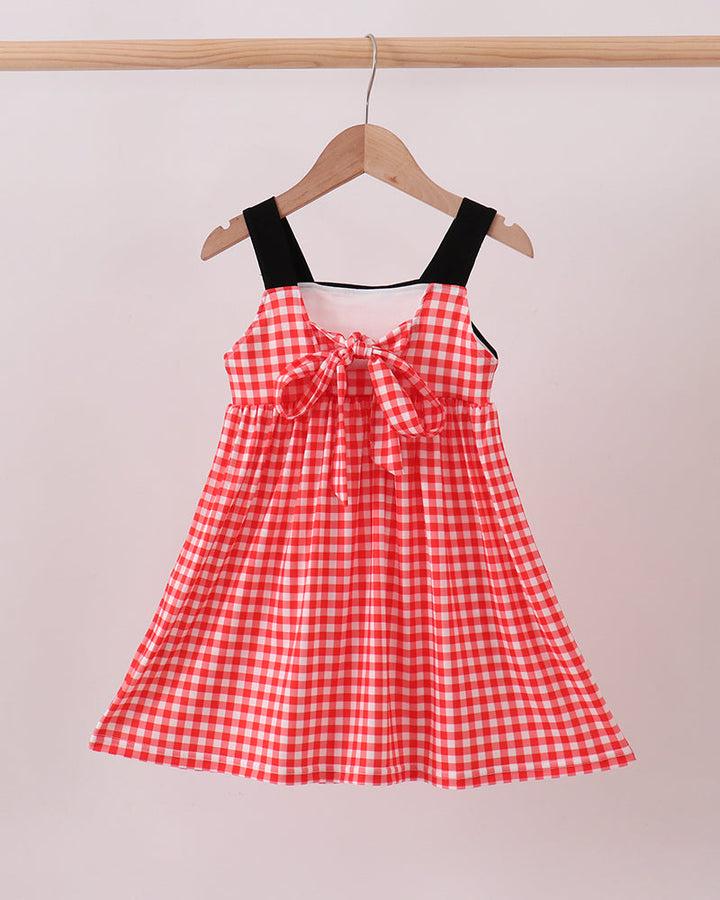 Red Character Plaid Embroidered Dress on wooden hanger