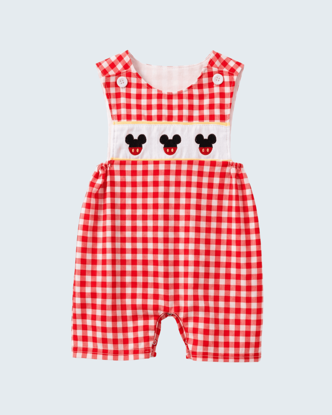 Red Character Plaid Embroidered Jon Jon on light grey background