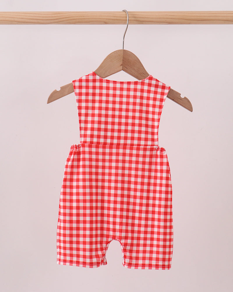 Red Character Plaid Embroidered Jon Jon on wooden hanger