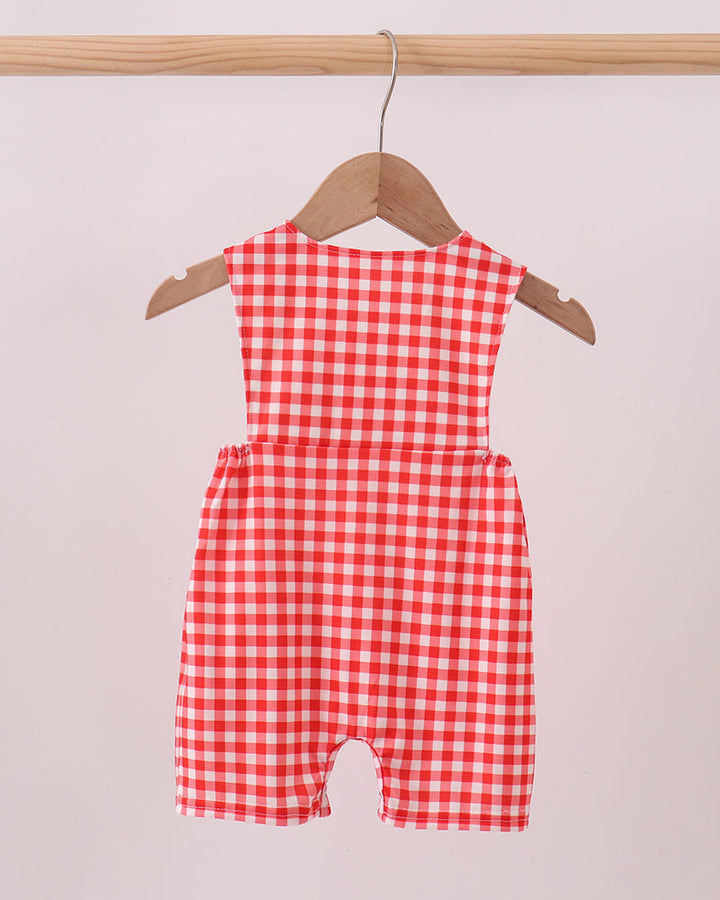 Red Character Plaid Embroidered Jon Jon on wooden hanger