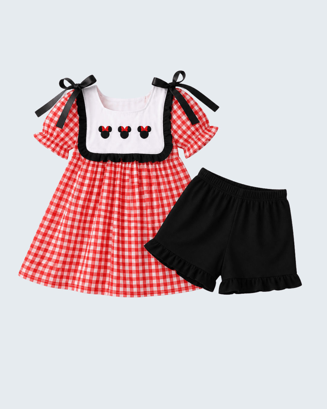 Red Character Plaid Embroidered Ruffle Short Set on light grey background