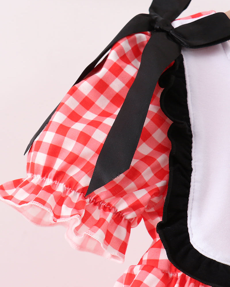 Red gingham puff sleeve with black ribbon