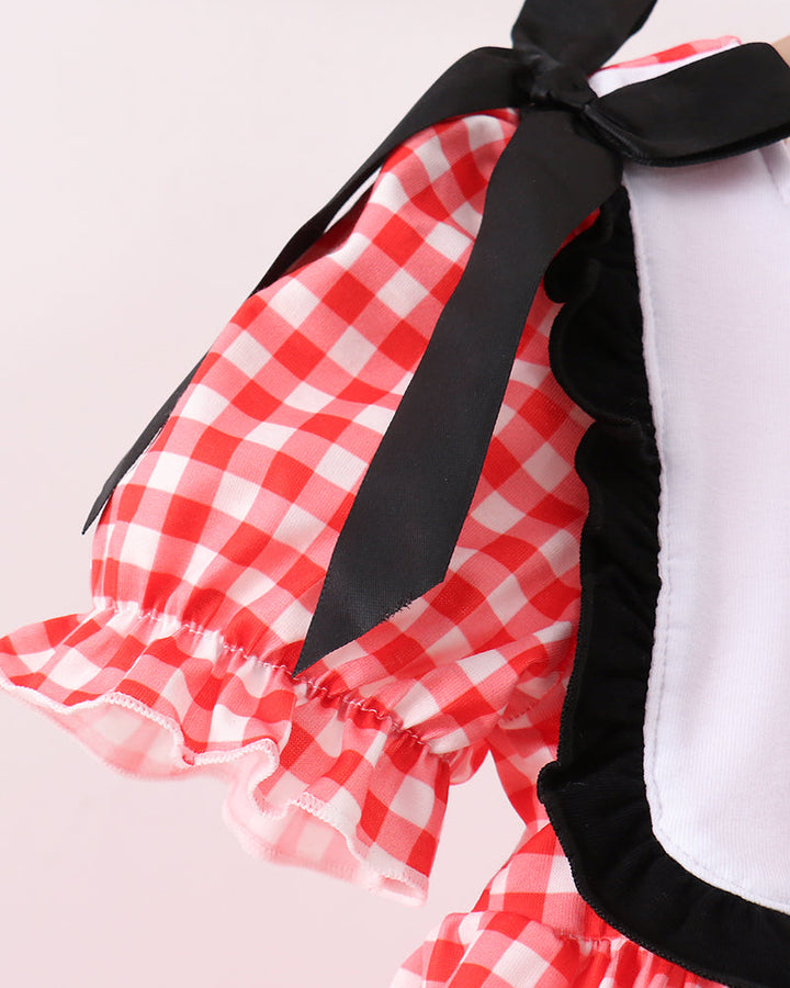 Red gingham puff sleeve with black ribbon