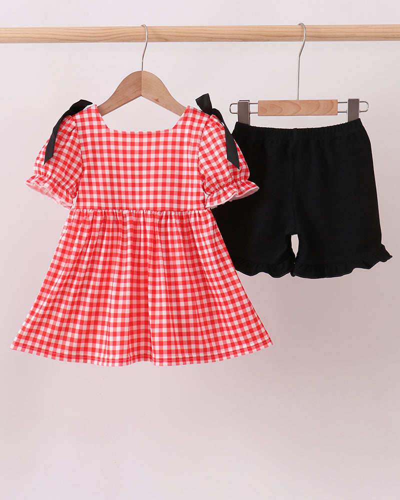Red Character Plaid Embroidered Ruffle Short Set on wooden hanger
