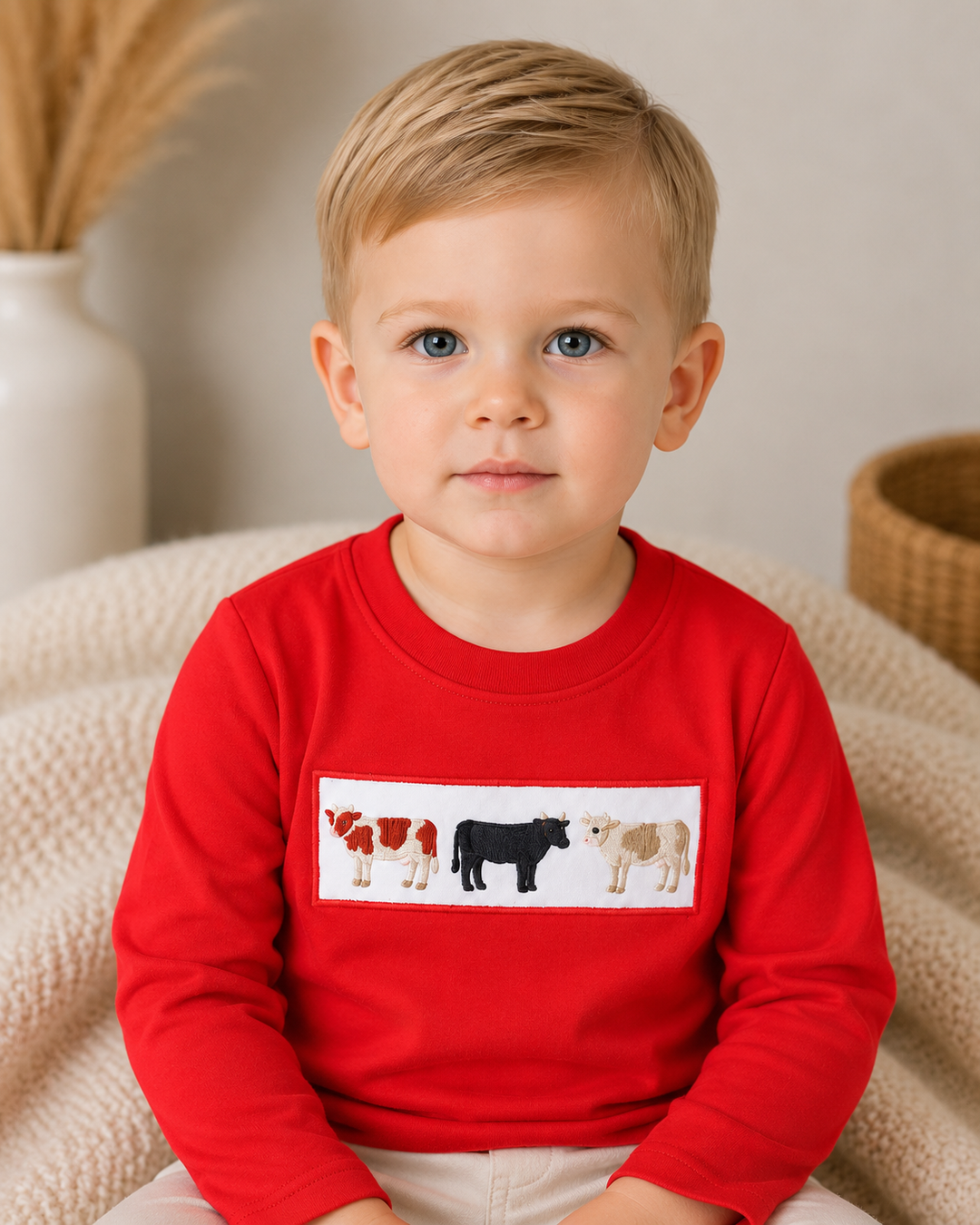 Red long-sleeve crewneck top with rectangular cow embroidery patch