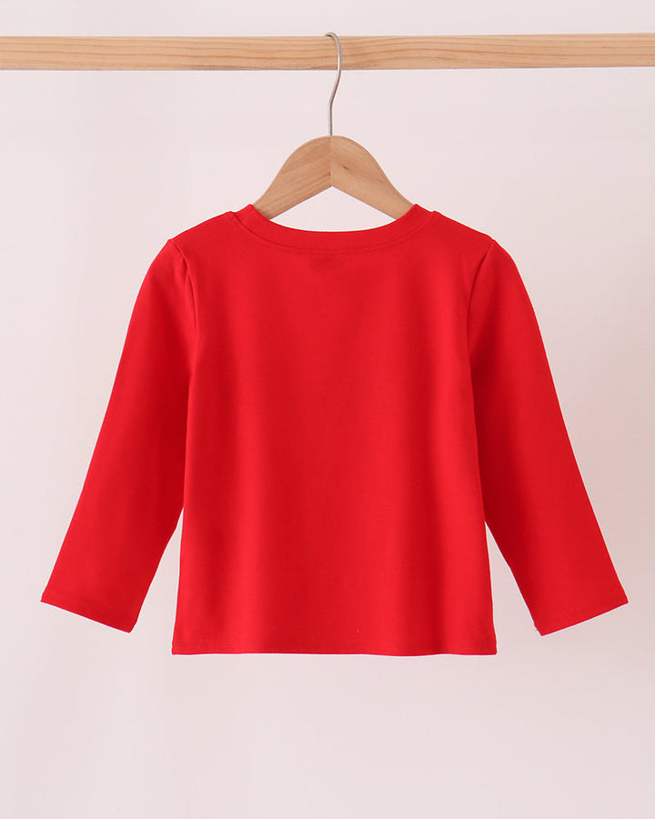 Red long-sleeve top on hanger with wide crew neckline