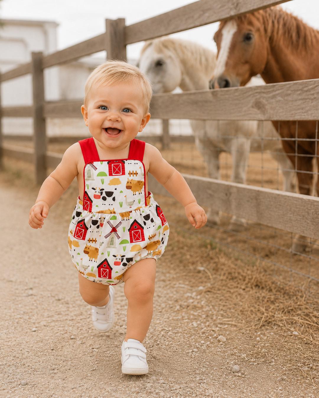 Baby boy running. Horses in the background