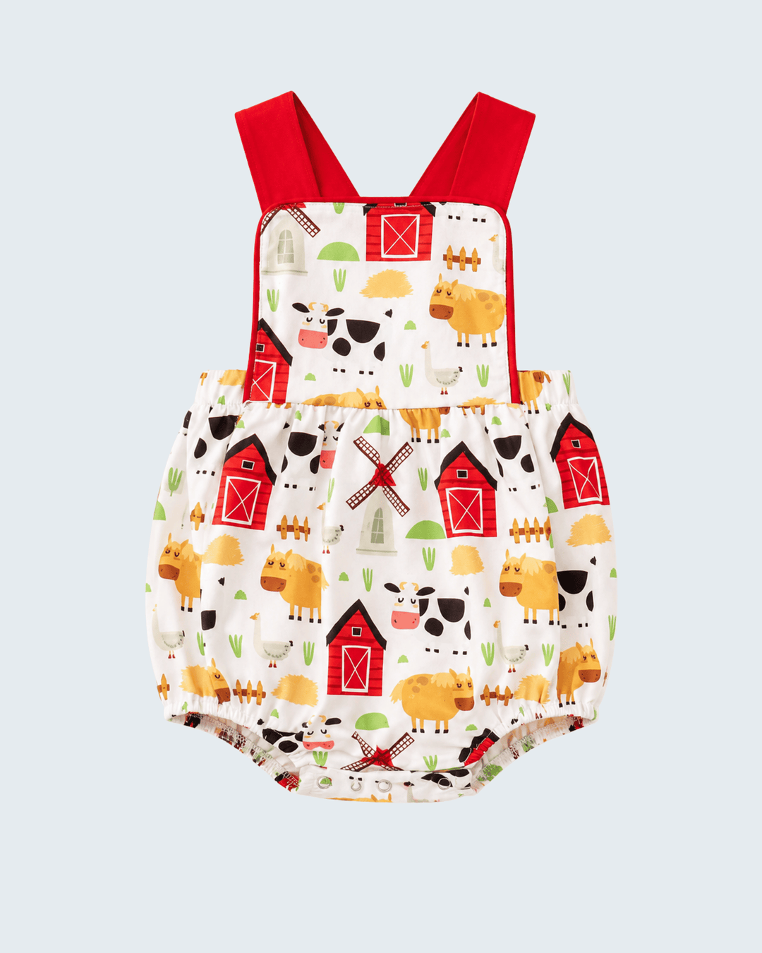 Farm animal print bubble romper with red straps and multicolor farm house and animal pattern