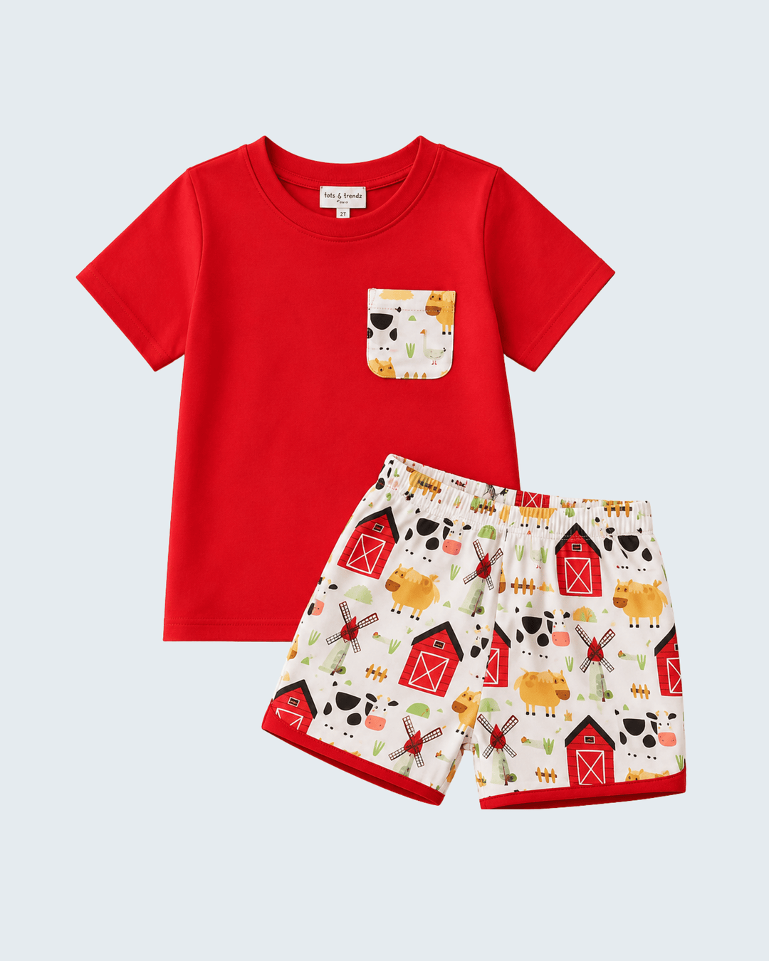 Red Farm Animal Shorts Set on light grey background