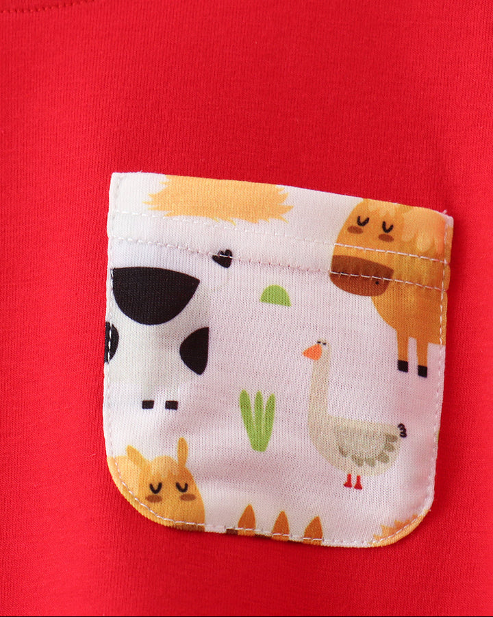 Red shirt with farm print pocket