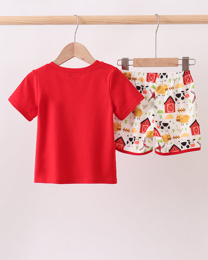 Red Farm Animal Shorts Set on wooden hanger