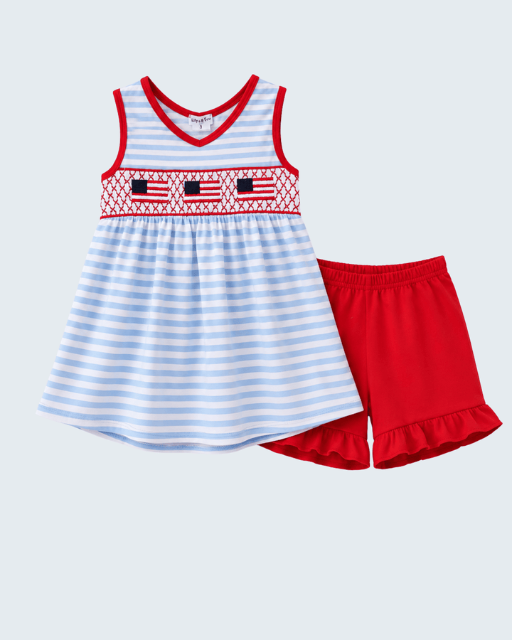 Girls Fourth of July outfit with flags