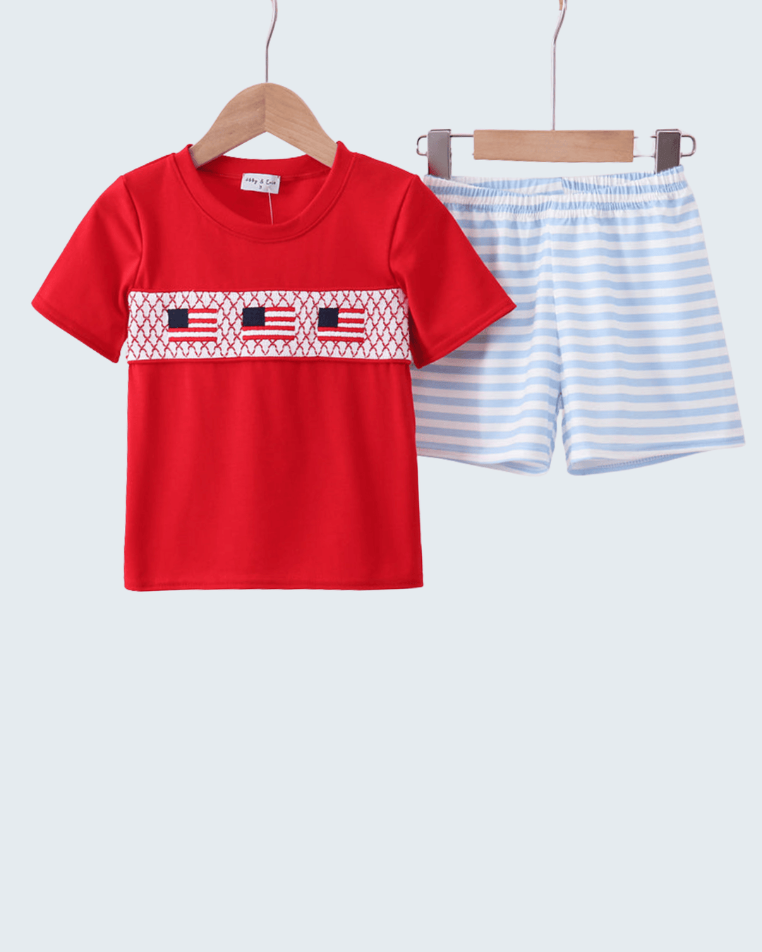 Red t-shirt with flag design and striped shorts on hangers against a white background
