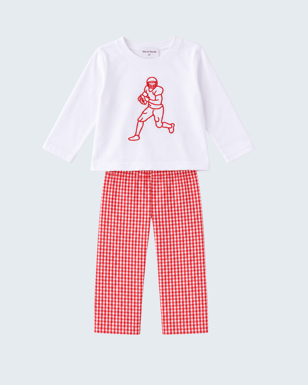Children's pajama set: white long-sleeve top and red gingham pants with embroidery