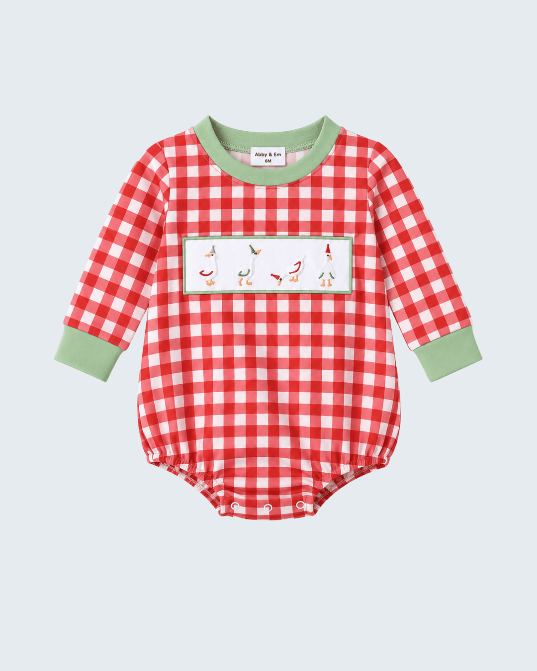Red and white gingham bubble romper with embroidered ducks and geese patch pocket