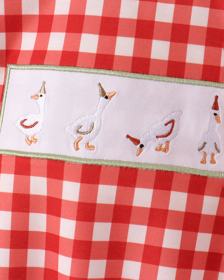 Red and white gingham bubble romper with duck and geese embroidery at chest
