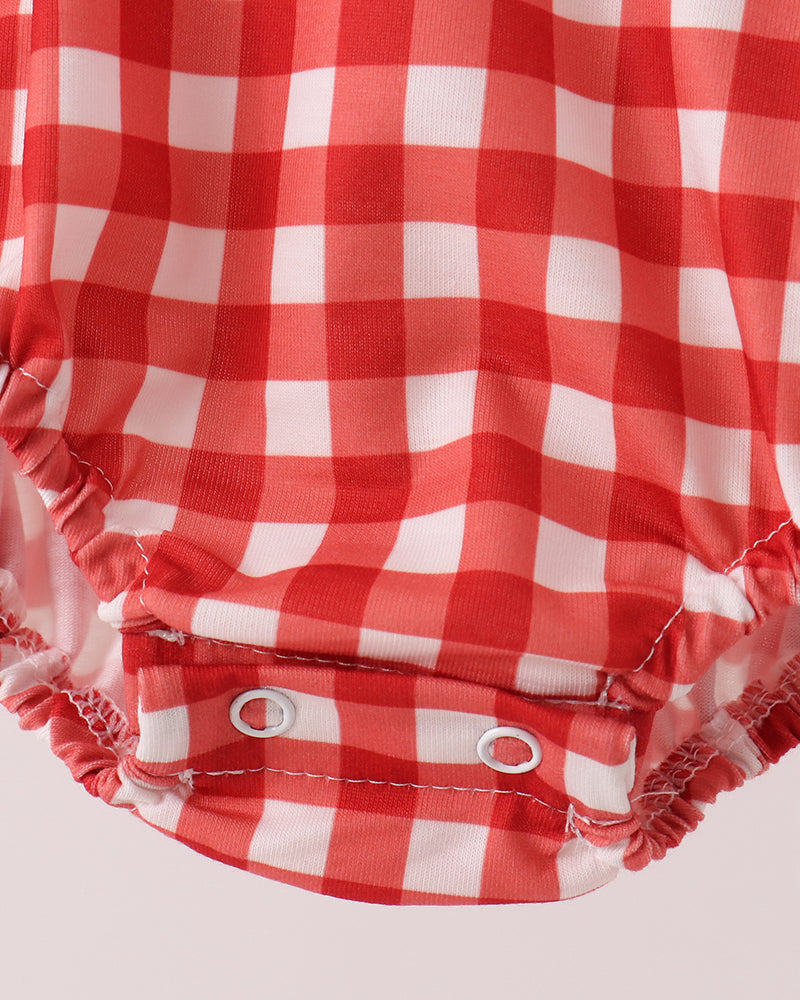 Red and white gingham bubble romper with snap placket and gathered legs