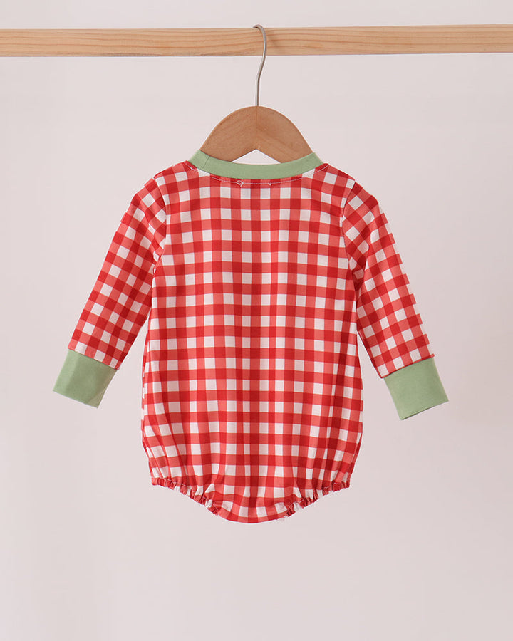 Red and white gingham bubble romper with green-trimmed neckline and long sleeves
