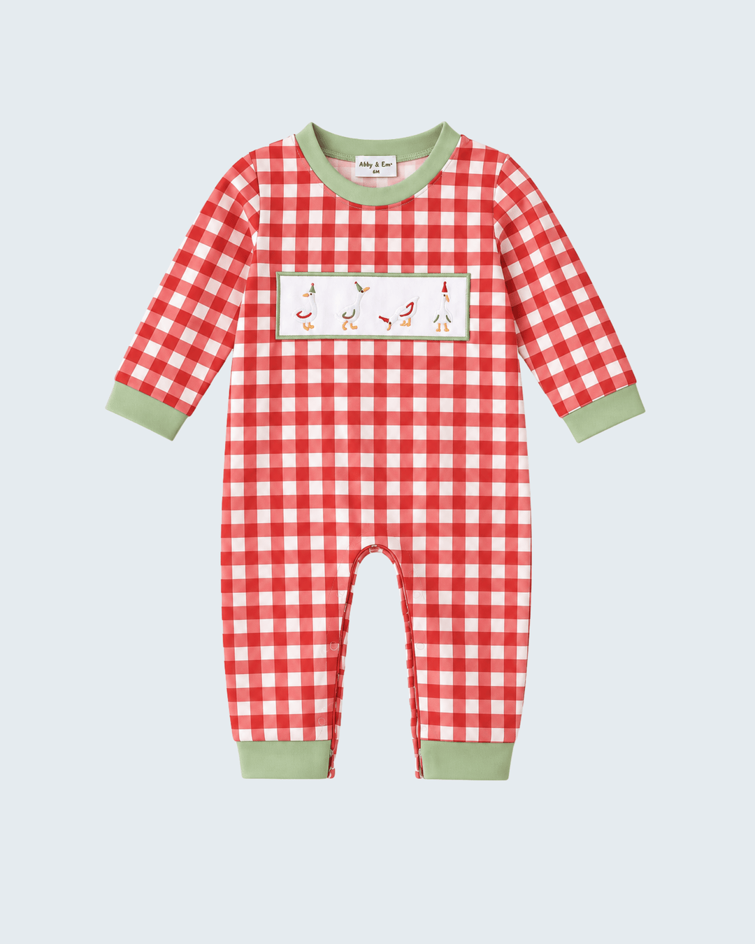 Red Goose gingham long-sleeve romper with embroidered chest patch and green cuffs
