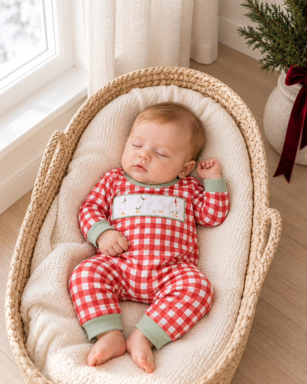 Red Goose red-and-white gingham romper worn with green cuffs