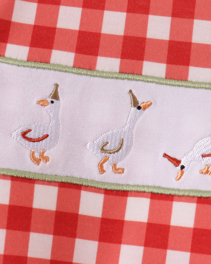 Red Goose gingham romper with embroidered animal motif and green trim