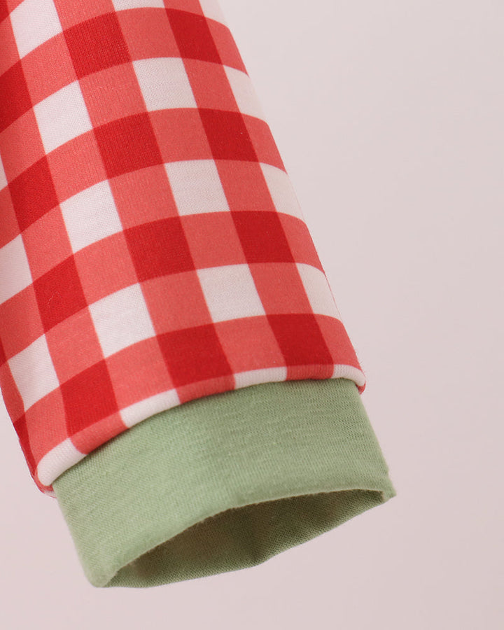 Red Goose red-and-white gingham romper sleeve with green cuff