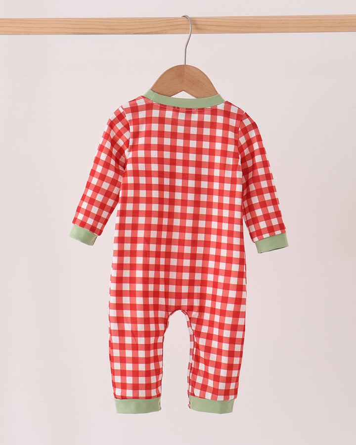 Red Goose red-and-white gingham long-sleeve romper with green cuffs