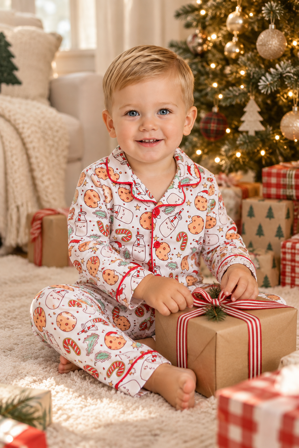 Kids' Christmas pajama set worn by child, long-sleeve button top and cookie-print pants