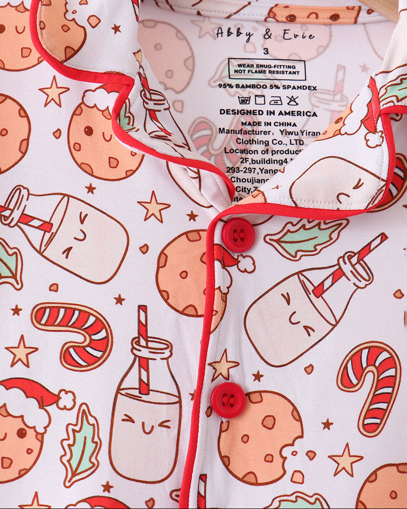 Long-sleeve pajama top with button placket and red trim, cookie print