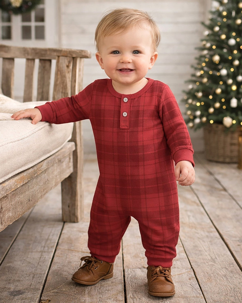 Red plaid cotton rib henley romper, long sleeves with button placket