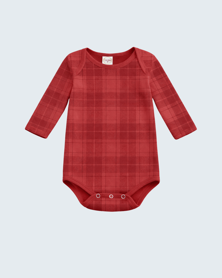 Red plaid cotton rib bodysuit with long sleeves and snap-bottom closure