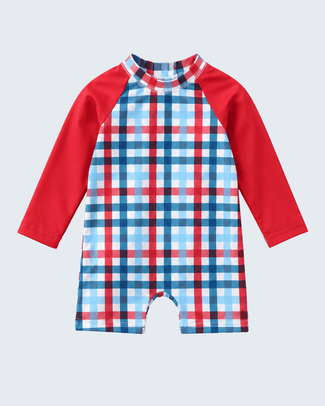Plaid baby swimsuit with red sleeves on a light gray background