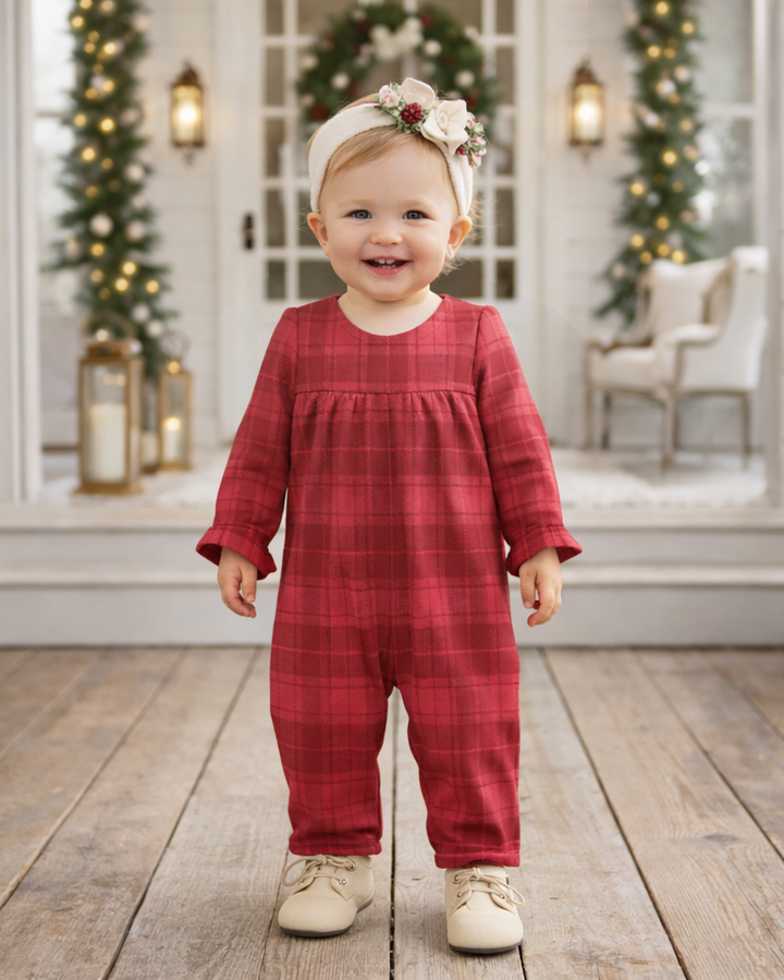 Red plaid baby girl romper with ruffle front and long sleeves